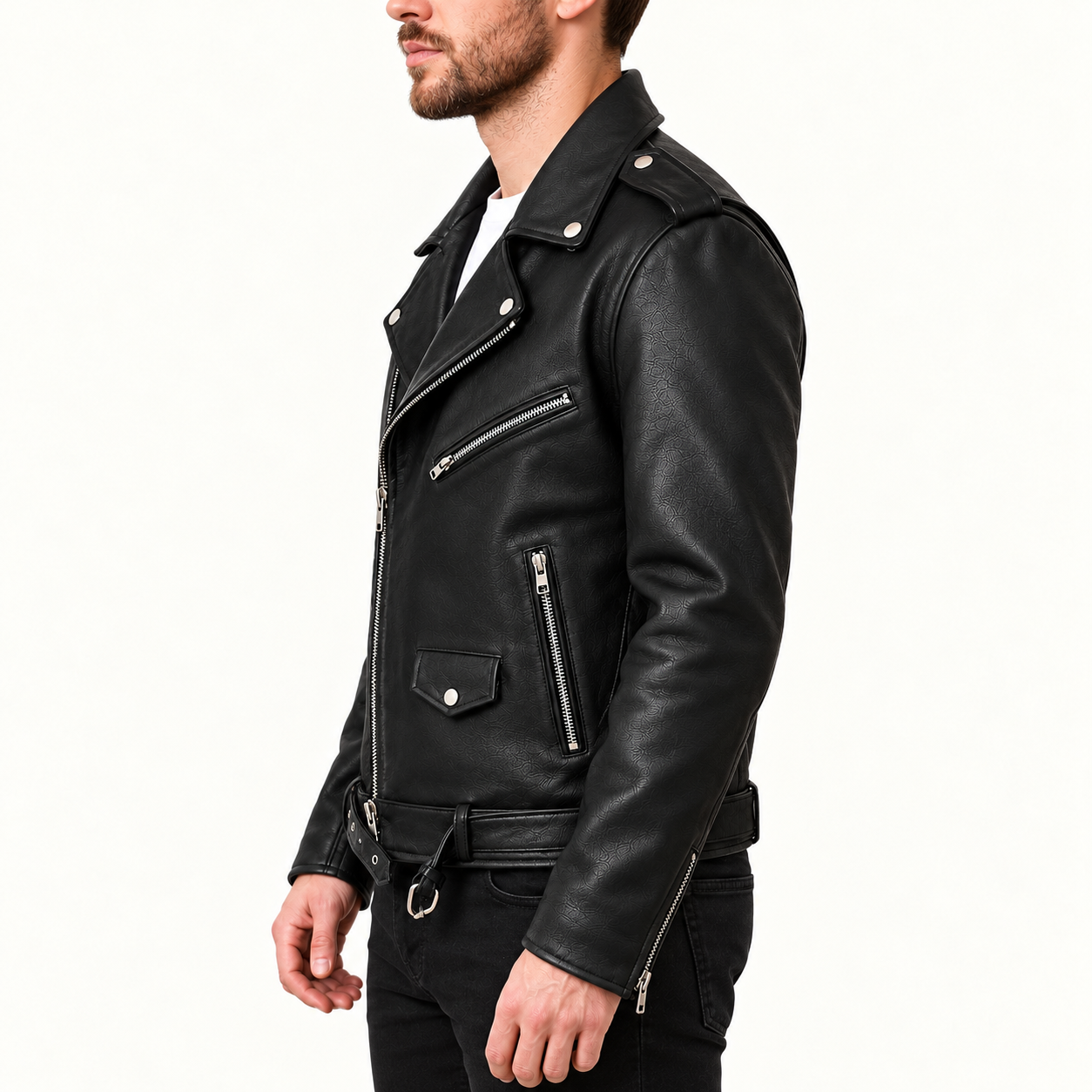 Men's Classic Black Leather Biker Jacket – Asymmetrical Zip Motorcycle Jacket with Belted Waist Gallery
